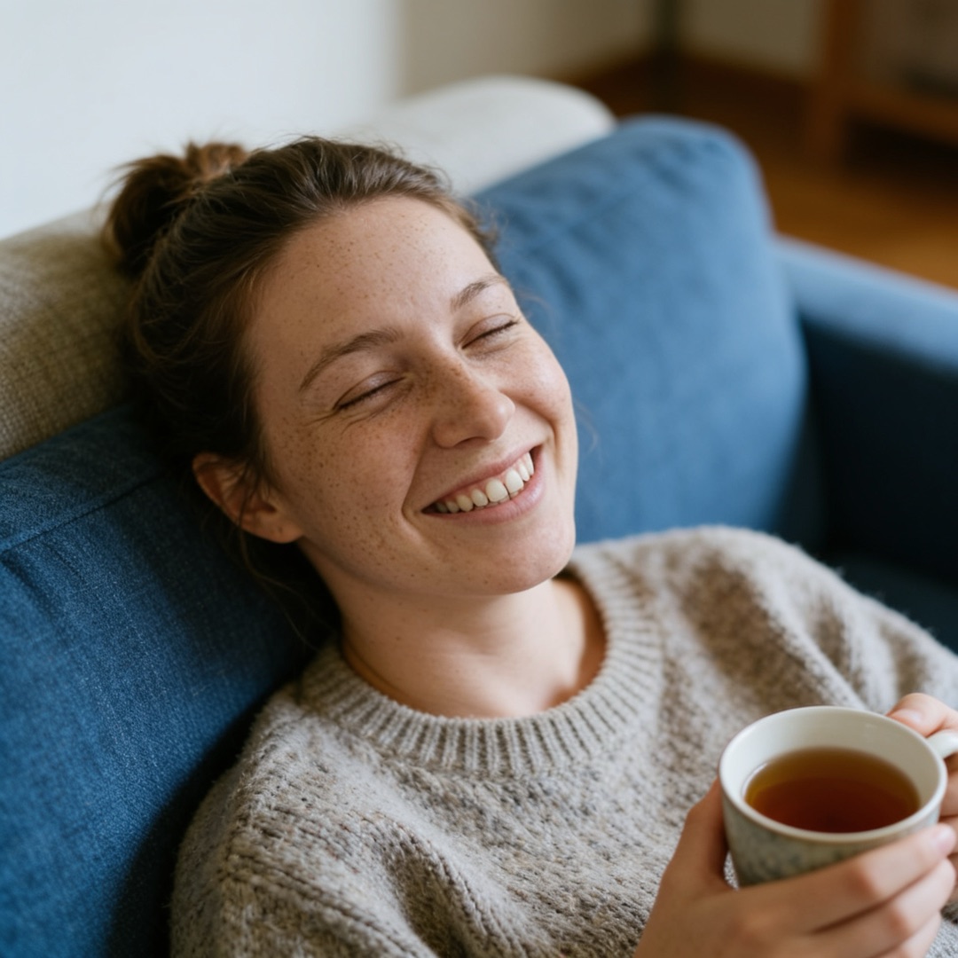 AI-generiertes Portrait: lachende Frau mit Teetasse auf blauem Sofa