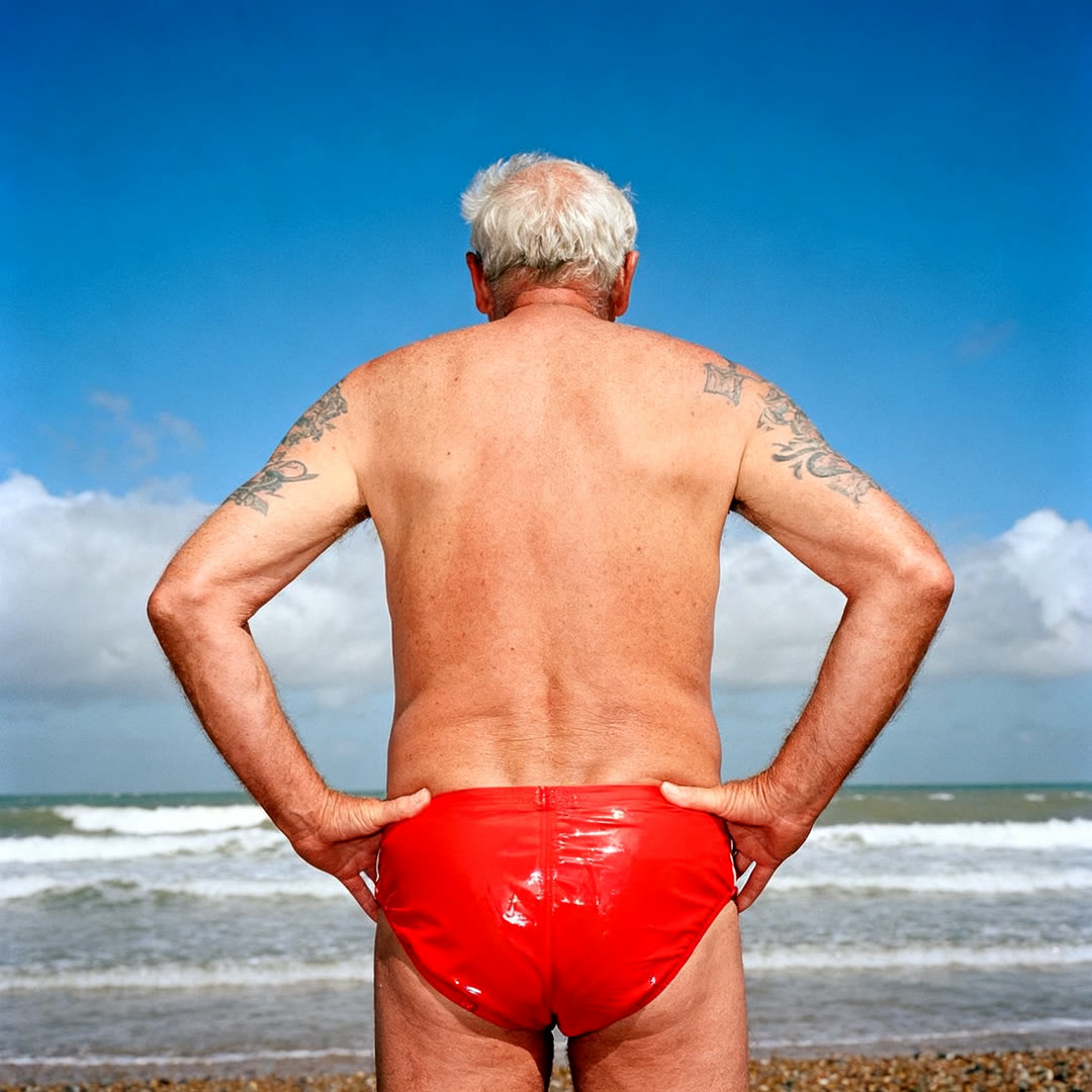 AI-generiertes Editorial: Mann von hinten in roter Badehose am Strand