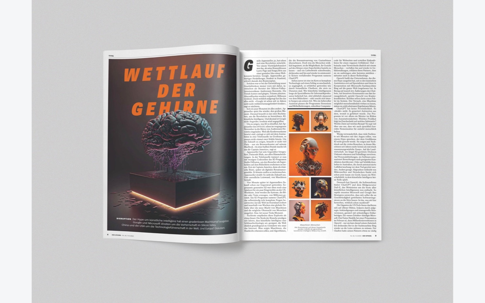 Aufgeschlagene DER SPIEGEL Doppelseite mit AI-Leitmotiv